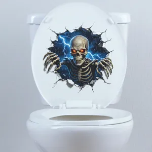 Pegatina 3D de Halloween para inodoro con esqueleto y rayos saliendo de una pared rota