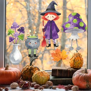 Halloween Cartoon Red Haired Witch PVC Wall Sticker Removable Watercolor Mushroom Cauldron Window Decal For Home Decor
