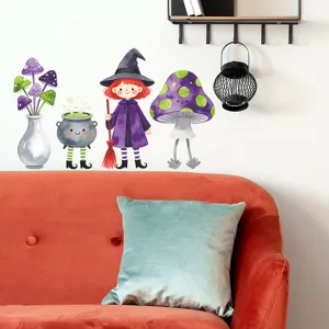 Detail view of cartoon Halloween red-haired witch and mushroom wall stickers on room wall