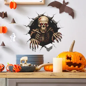 Pegatina de pared 3D de Halloween con un esqueleto realista que rompe la pared