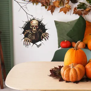 Pegatina de pared 3D de Halloween con calavera realista y ojos rojos en un hogar