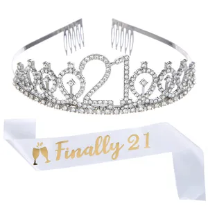 Elegant set with a sparkling rhinestone 21st birthday tiara and gold Finally 21 sash detail