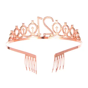 Elegant rose gold metal 21st birthday tiara crown featuring detailed number design