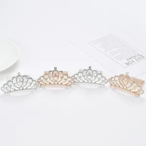 Exquisite rhinestone mini tiara hair combs for children, available in silver and rose gold
