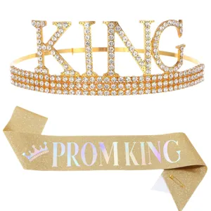 Set di fascia glitterata PROM KING e corona di strass dorati per feste maschili