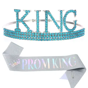 Set festa Prom King con fascia glitter argento e corona di strass azzurri da uomo