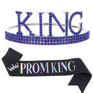 Set da festa Prom King con corona KING in strass blu e una splendida fascia nera iridescente
