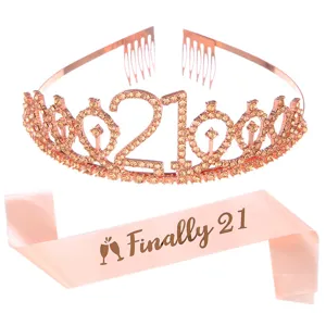 Rose gold rhinestones 21st birthday tiara and Finally 21 pink satin sash set for girls