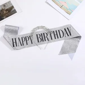 Premium sparkling rhinestone Happy Birthday headband with matching silver glitter party sash set