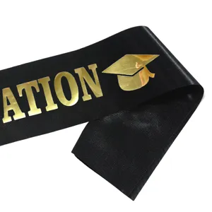 Premium black satin graduation sash with shiny gold foil graduation cap and text