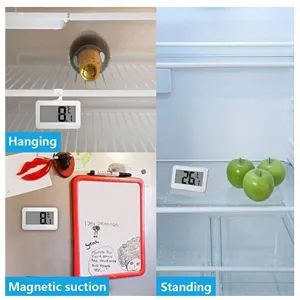 Thermomètre de réfrigérateur numérique avec écran LCD clair et plusieurs options de fixation pratiques.