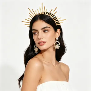 Professional model wearing an elegant gold sunburst halo headband and starburst earrings set.
