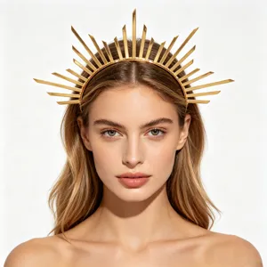Detailed portrait of a model wearing a golden sunburst crown goddess headband accessory
