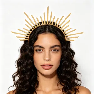 Close-up shot of an elegant golden sun halo crown headband worn by a beautiful model