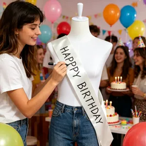 Gros plan d'une personne écrivant sur une écharpe de fête d'anniversaire en satin