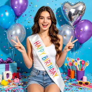 Détail d'une écharpe de fête en satin blanc avec texte Happy Birthday peint à la main