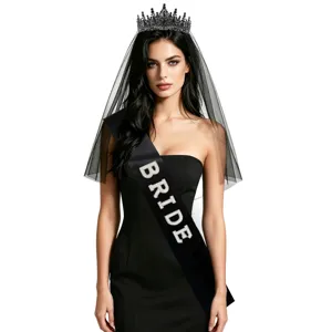Gothic black bride to be sash with crown and veil set for Halloween bachelorette party