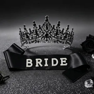 Elegant Gothic black crystal tiara and pearl BRIDE sash set for wedding parties