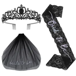 Gothic black bride to be party accessory set with tiara, lace sash and bridal veil
