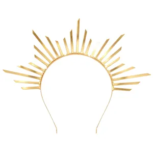 Sun Goddess Halo Headband Gold Crown Metallic Radiant Sunburst Spiked Hair Hoop For Women Party Wedding Costume Accessories