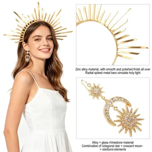 Golden sun goddess halo headband and rhinestone star moon earring set for parties