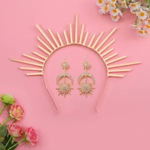 Golden sun goddess crown halo headband and starry moon rhinestone earrings set for party