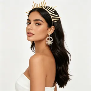 Elegant golden sun goddess halo headband crown with matching starburst earrings set