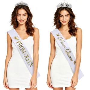 Prom Queen kroon en sjerp set met gouden belettering voor feestaccessoires