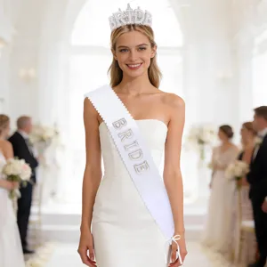 Elegant crystal bridal crown tiara and white sash with BRIDE letters for wedding party