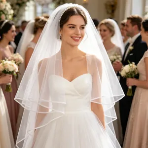 Elegante velo da sposa a doppio strato con fascia di perle integrata per matrimoni