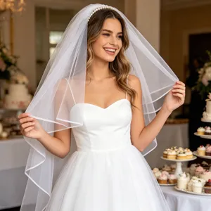 Sposa sorridente che indossa un velo da sposa a doppio strato con cerchietto di perle