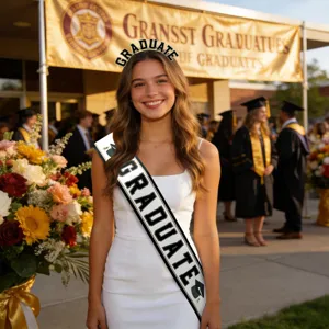 Modelo femenina con diadema y banda de Graduate para escena de ceremonia de graduación