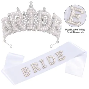 Elegant pearl BRIDE tiara and white satin sash set for wedding bachelorette parties