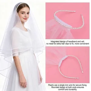 Velo da Sposa Integrato con Cerchietto di Perle Artificiali Bianche Velo da Sposa in Tulle a Doppio Strato per Addio al Nubilato