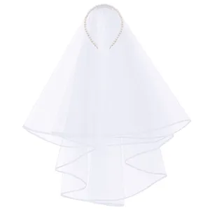 Elegante velo da sposa bianco a due strati con fascia di perle per addio al nubilato.