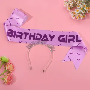 Birthday girl purple satin sash and matching rhinestone headband party decoration set