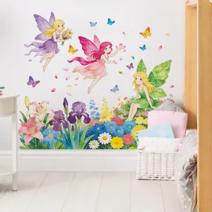 Pegatinas de pared de hadas de las flores con mariposas coloridas en dormitorio acogedor