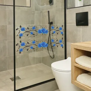 Blue rose floral glass decals applied to a bathroom shower door for home decoration