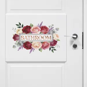 Elegant rose floral bathroom door sticker with gold lettering on a white background
