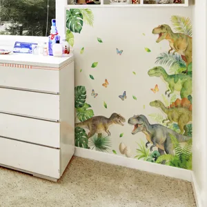 Farbenfrohe Aquarell Dinosaurier Dschungel Wandtattoo für Kinderzimmer Wanddekoration im Detail