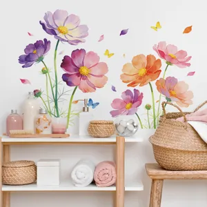 Watercolor Poppy Floral Wall Stickers PVC Removable Gradient Flower Branch Leaf Butterfly Wall Decals For Living Room Study Home Decor