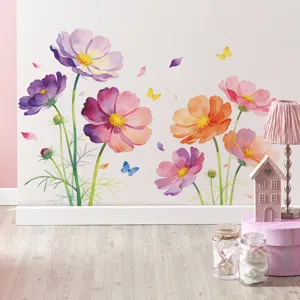 Watercolor flower wall sticker detail showing vibrant gradient cosmos petals in room decor.
