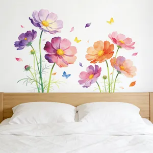 Watercolor gradient poppy wall sticker set displayed in a minimalist bedroom environment