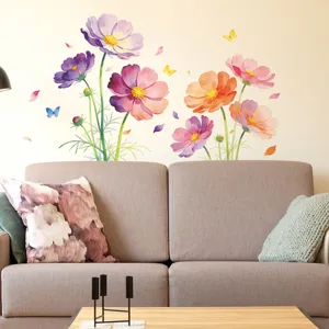 Watercolor gradient poppy wall stickers decorating a living room sofa background