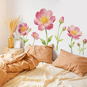 Detailed view of watercolor pink poppy wall stickers in a cozy bedroom setting