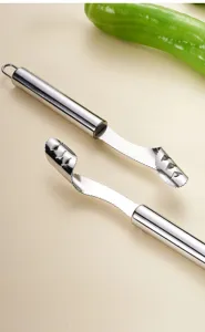 Stainless steel chili corer tool with serrated edge for kitchen pepper deseeding detail.