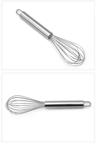 Stainless steel manual whisk detail closeup, durable kitchen baking tool for eggs.
