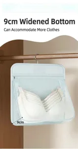 Hanging mesh storage bag detail showing reinforced bottom and breathable material for wardrobe.