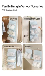 Hanging underwear organizer with 3-tier mesh pockets, 360-degree hook for closet storage.