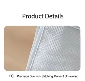 Close up detail of mesh hanging storage bag edge with fine stitching and bound edges.